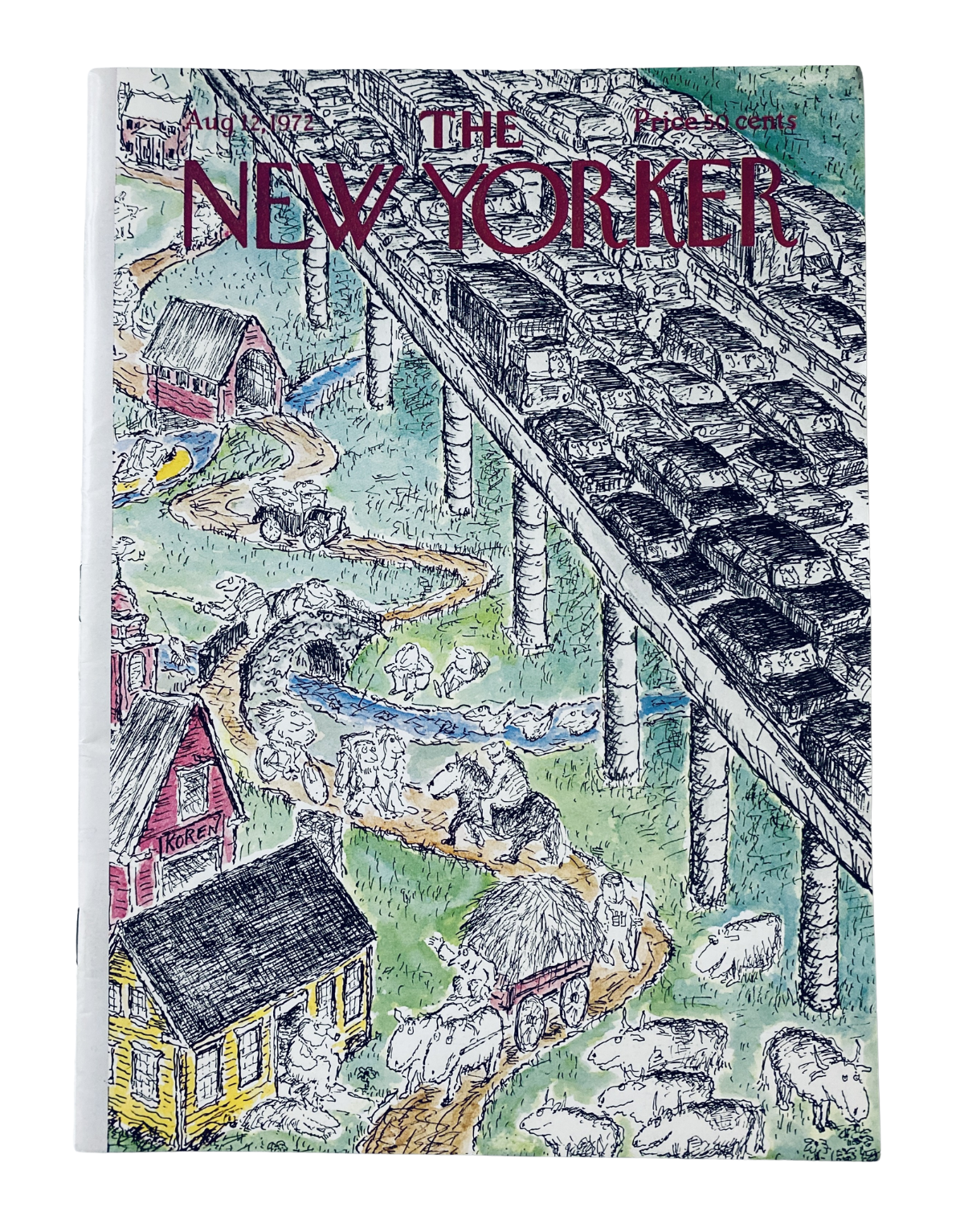 The New Yorker Magazine August 12, 1972, featuring a Traffic Jam Viaduct cover illustration by E. Koren. The cover depicts a chaotic scene with congested traffic above and rural landscapes below, showcasing the magazine's unique artistic style in very good condition.