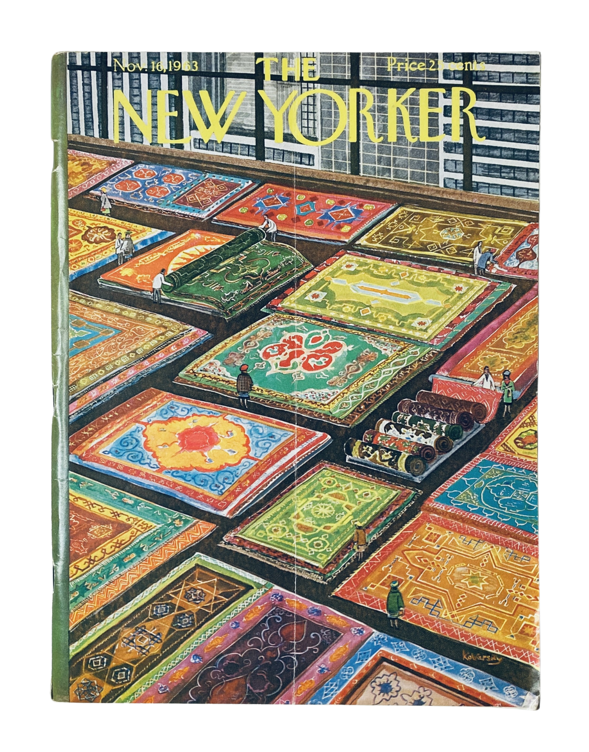 The New Yorker Magazine November 16, 1963 with a colorful carpet market cover illustration by Anatol Kovarsky featuring various intricate rugs.