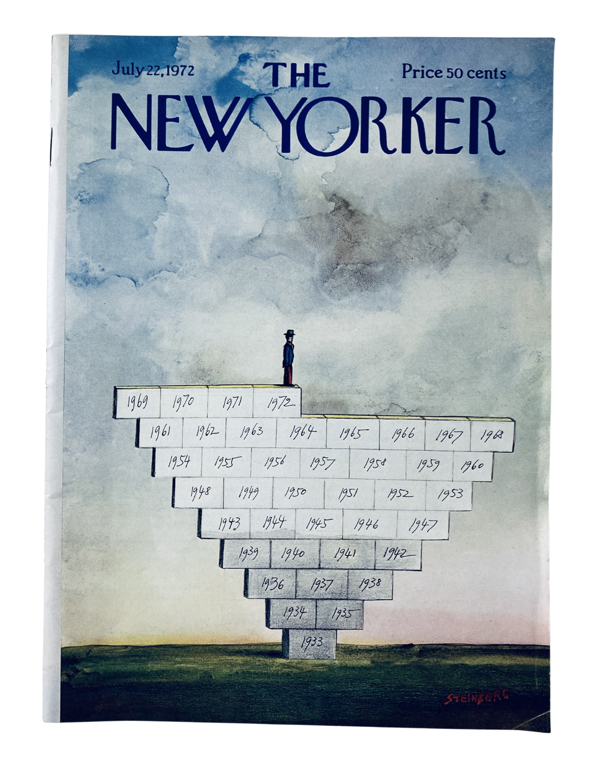 The New Yorker Magazine July 22, 1972 cover featuring artwork by Saul Steinberg depicting a staircase timeline with various years annotated.