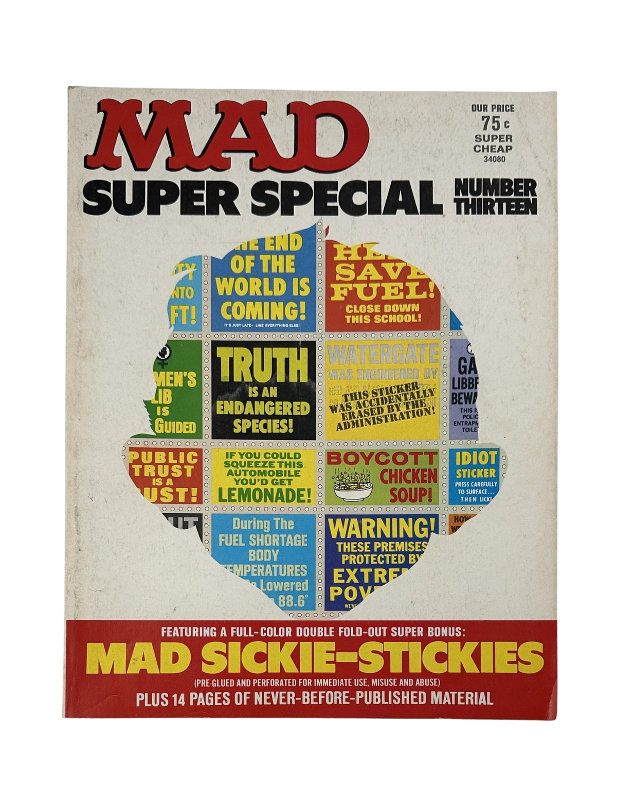 Cover of MAD Magazine Super Special No. 13 from 1974, featuring bold colorful graphics and the title 'MAD Sickie Stickies.' Highlights include references to popular culture and humor themes, reflecting the magazine's iconic satire style.