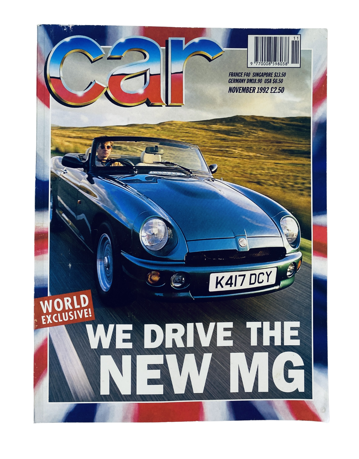 Cover of Car Magazine November 1992 featuring a review of the new MG RV8 convertible, highlighting its sleek design and exciting performance with the text 'WE DRIVE THE NEW MG' prominently displayed.