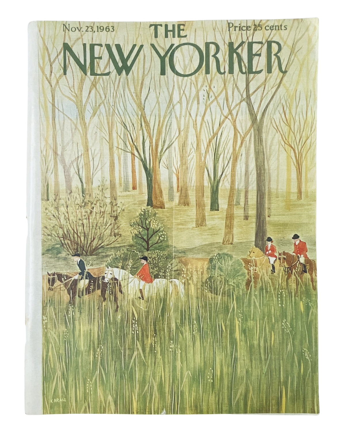 Cover of The New Yorker Magazine from November 23, 1963 featuring a Fox Hunt illustration by Ilonka Karasz, depicting riders on horseback in a lush, green landscape with tall grass and bare trees.