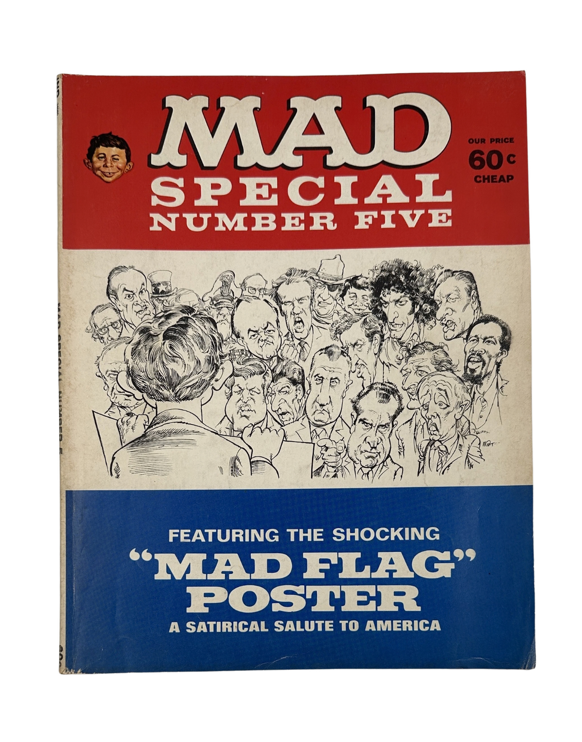 Cover of MAD Magazine Super Special No. 5 from 1971 featuring the MAD Flag Poster, with comedic illustrations and the title prominently displayed. This vintage magazine is categorized as Very Good (VG 4.0), showcasing a satirical salute to America.