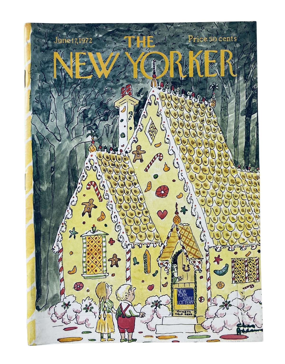 The New Yorker Magazine June 17, 1972 cover featuring a whimsical gingerbread house illustration by Charles Addams, showcasing a colorful and imaginative design with children in front.