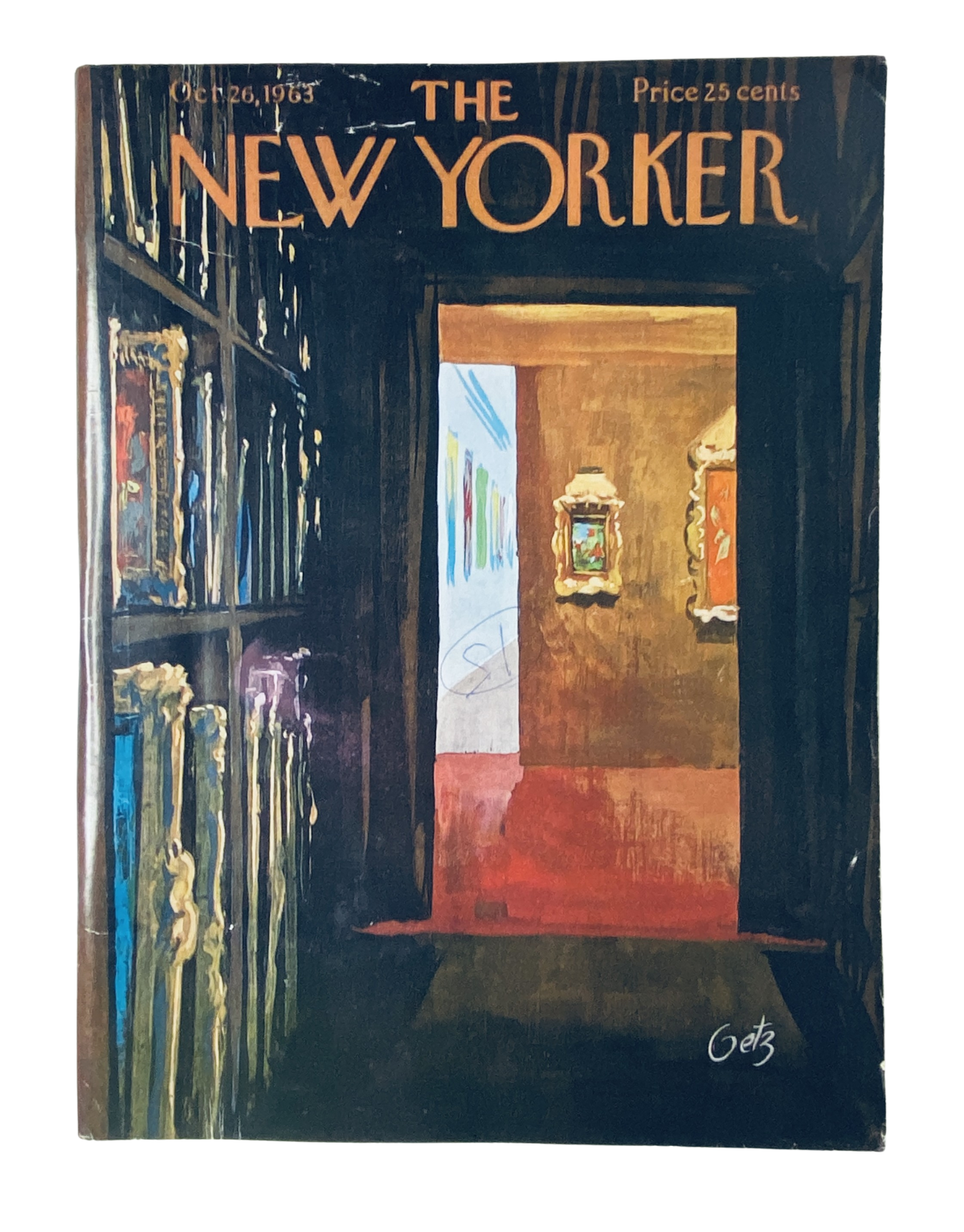 Cover of The New Yorker Magazine from October 26, 1963, featuring an art gallery interior illustrated by A. Getz, showcasing vibrant colors and artistic elements.