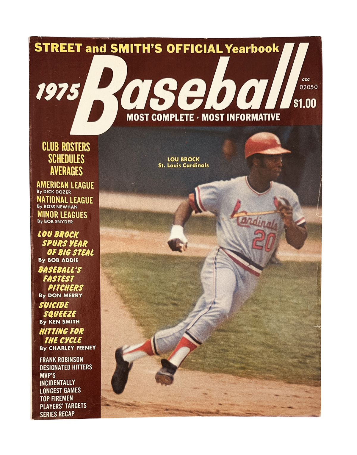 Street and Smith’s Baseball Magazine 1975 Yearbook featuring Lou Brock of the St. Louis Cardinals on the cover, highlighting baseball statistics and player rosters.