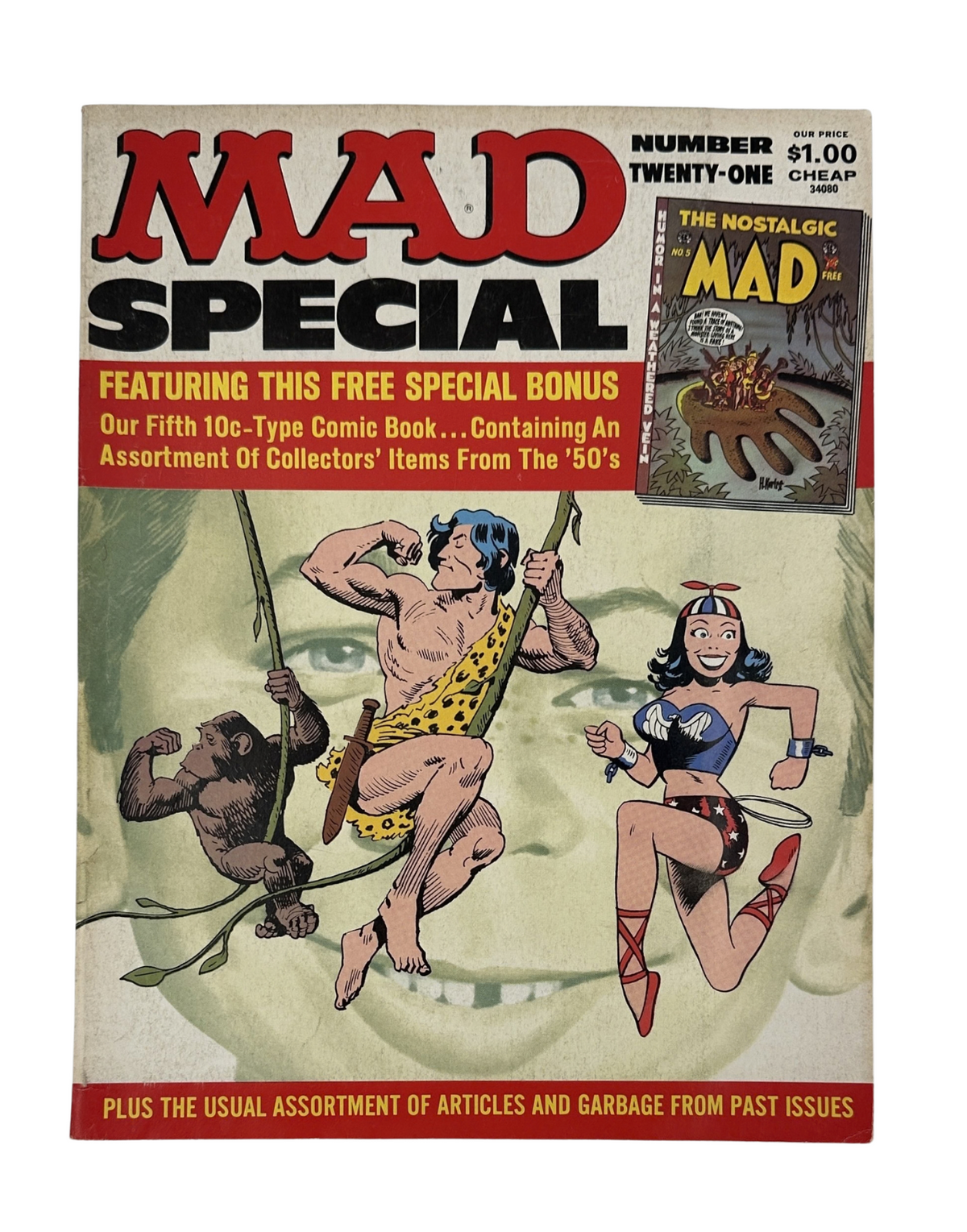 Cover of MAD Magazine Super Special No. 21, featuring a vibrant illustration with characters including a caveman, a comic-style superheroine, and the magazine's classic logo, indicating the nostalgic themes and content from the 1976 edition.