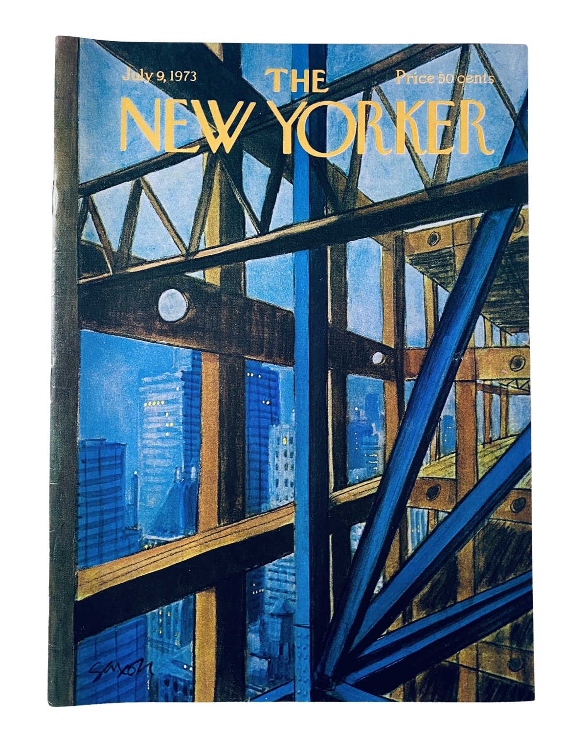 The New Yorker Magazine July 9, 1973 cover featuring a vibrant illustration of steel beams, designed by Charles Saxon, showcasing urban architecture.