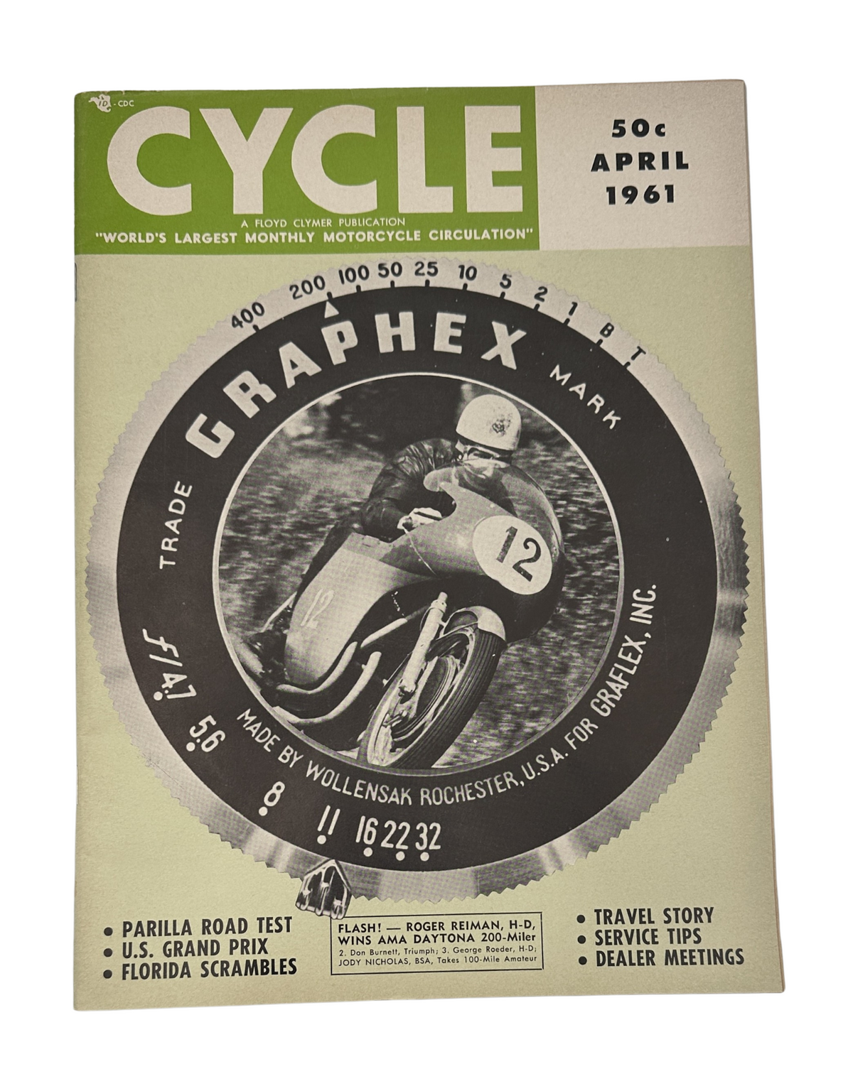 Cycle Magazine April 1961 cover featuring a motorcycle racer, with the title 'Cycle Magazine April 1961 Parilla Road Test Daytona U.S. Grand Prix VG' prominently displayed.
