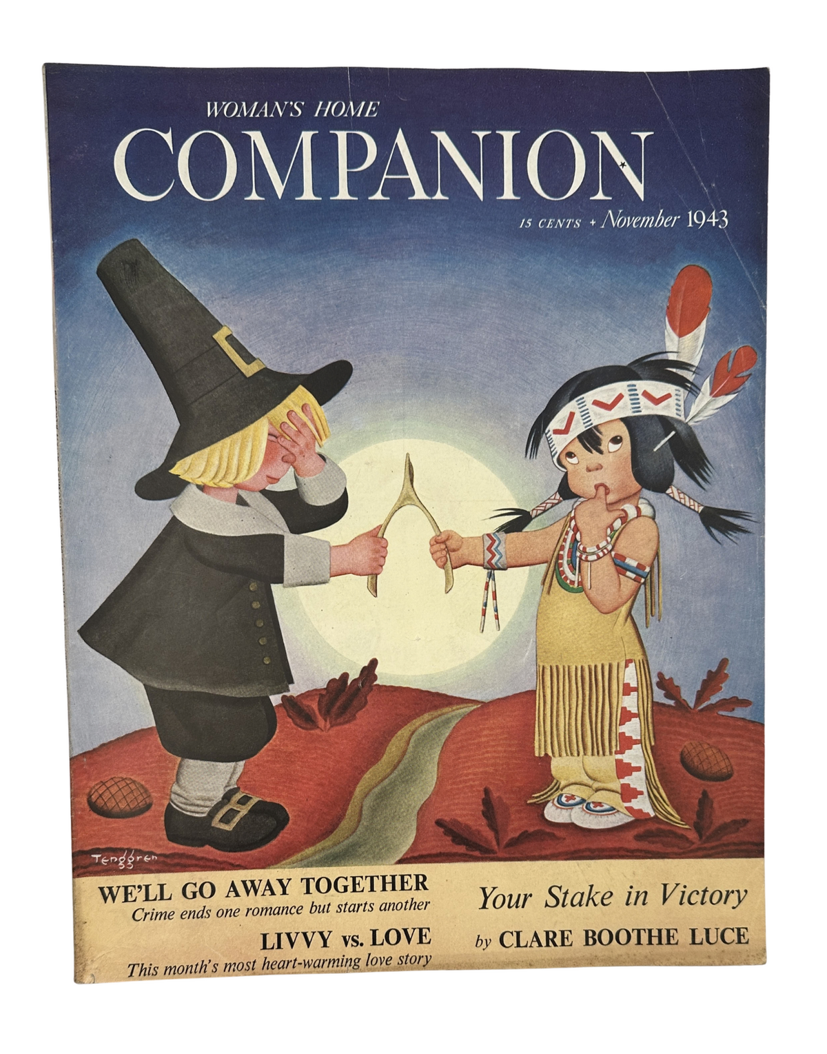 Cover of Woman’s Home Companion Magazine November 1943 featuring autumn-themed artwork with a Native American girl and a pilgrim boy and the title 'Livvy vs. Love' by Clare Boothe Luce.