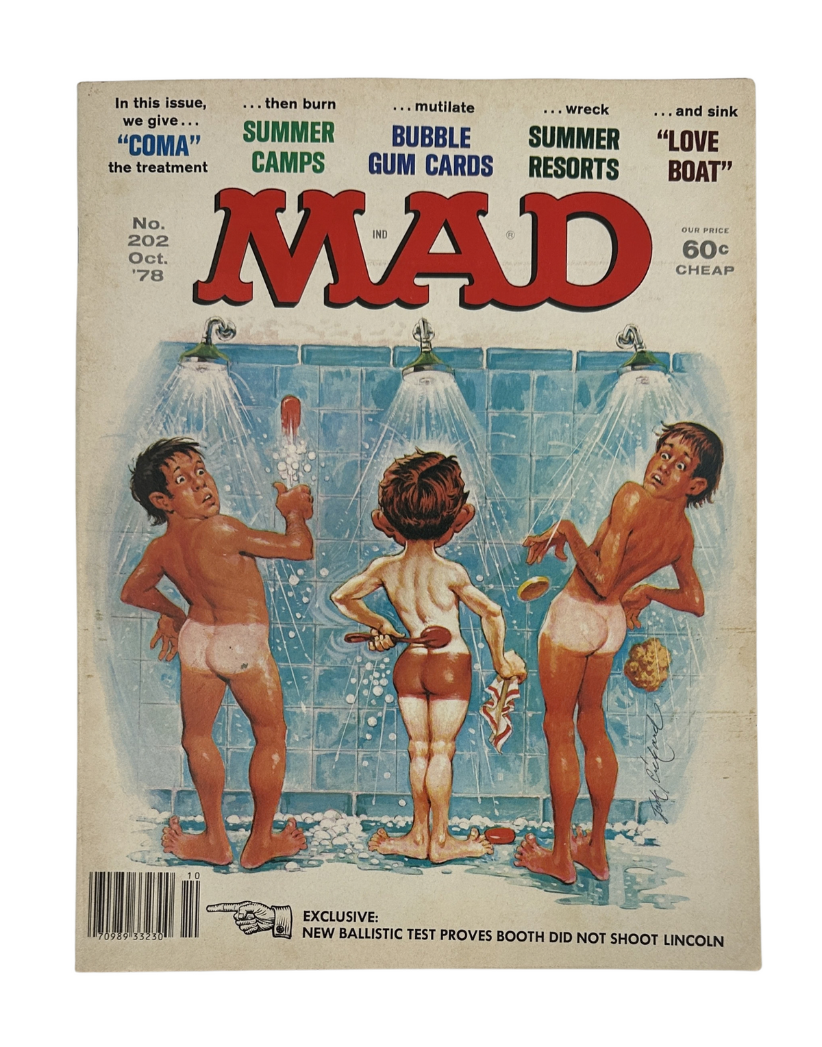 Cover of MAD Magazine No. 202 from October 1978 featuring a humorous illustration of two boys showering, with the text 'COMA,' 'SUMMER CAMPS,' 'BUBBLE GUM CARDS,' 'SUMMER RESORTS,' and 'LOVE BOAT.' Graded Fine (FN 6.0).