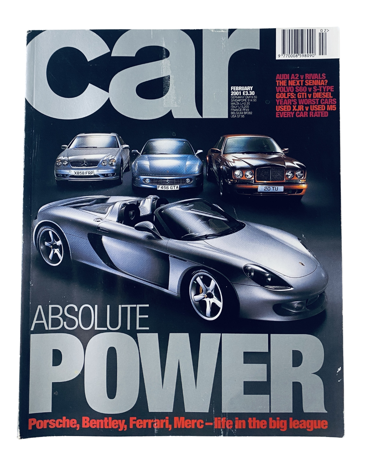 CAR Magazine February 2001 cover featuring Porsche Carrera GT, Bentley, Ferrari, and Mercedes, titled 'Absolute Power' - showcasing high-end vehicles in the big league.