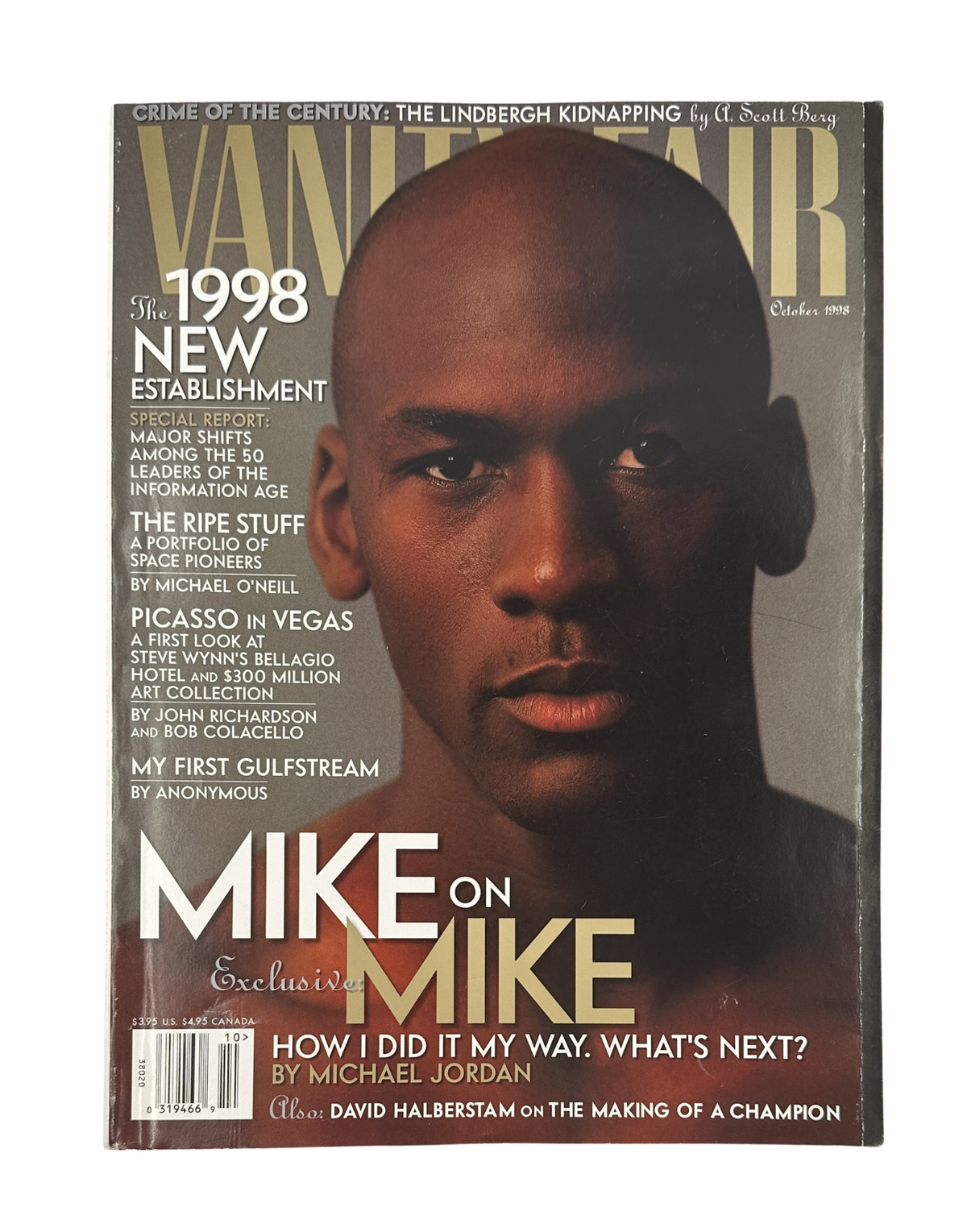 Cover of Vanity Fair Magazine, October 1998, featuring Michael Jordan with the title 'Mike on Mike' and highlights from 'The New Establishment.' Covers significant themes in the culture of the late 90s.