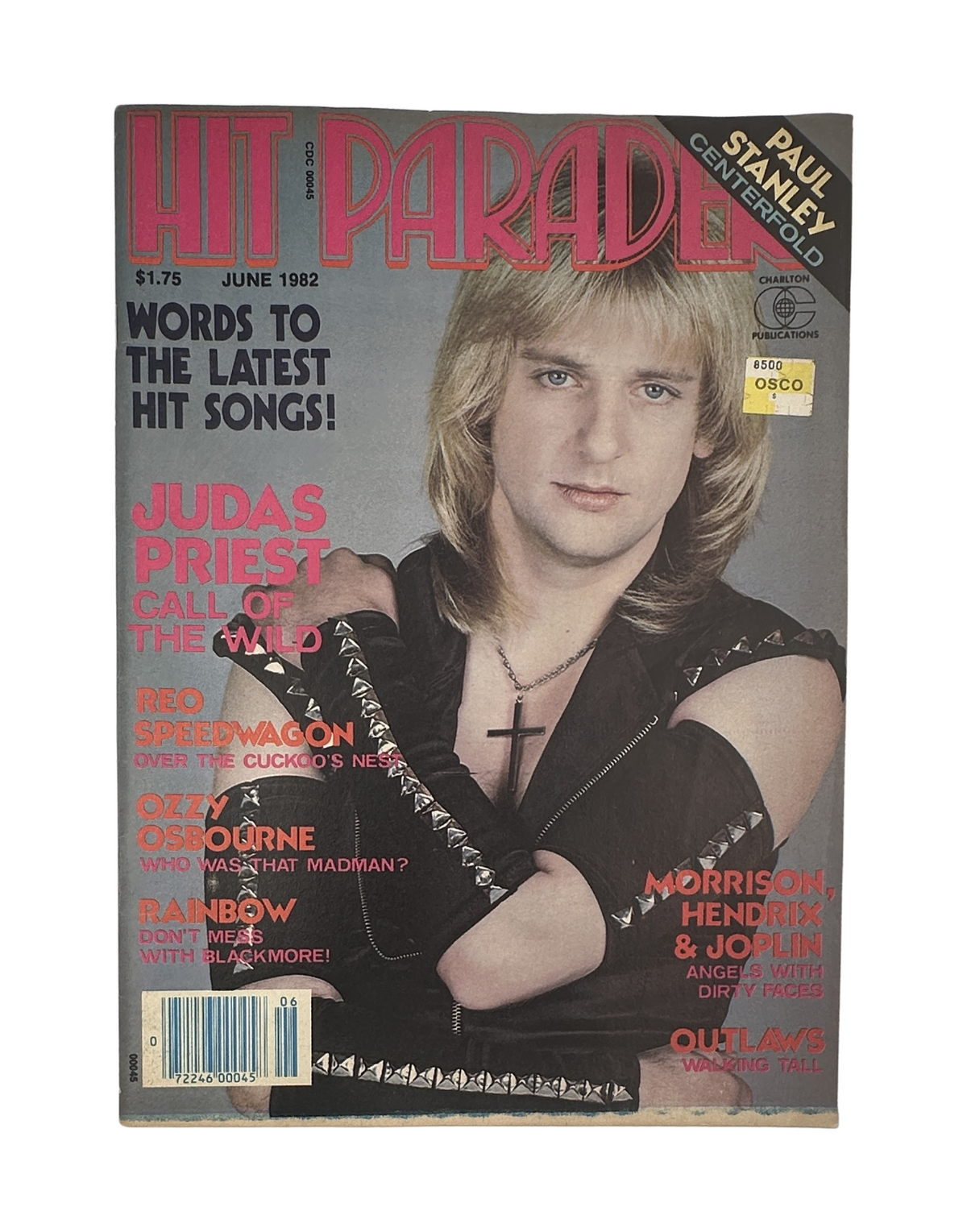 Hit Parader Magazine June 1982 featuring Judas Priest on the cover with the headline 'Words to the Latest Hit Songs.' The cover showcases a male musician with long hair wearing a leather outfit and chains.