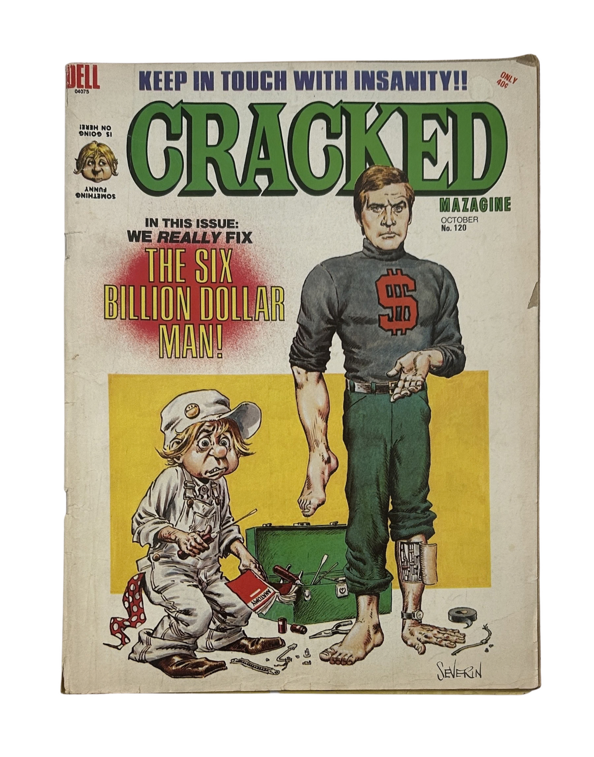 Cover of Cracked Magazine No. 120, October 1974 featuring a humorous illustration of the Six Billion Dollar Man parody, emphasizing comedic elements.