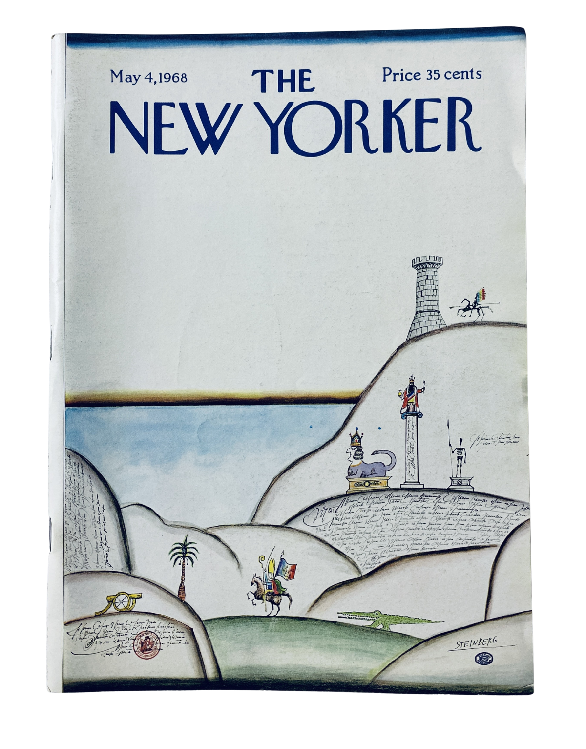 Cover of The New Yorker Magazine from May 4, 1968, featuring a unique illustration by Saul Steinberg, showcasing landscapes and cultural motifs, priced at 35 cents.