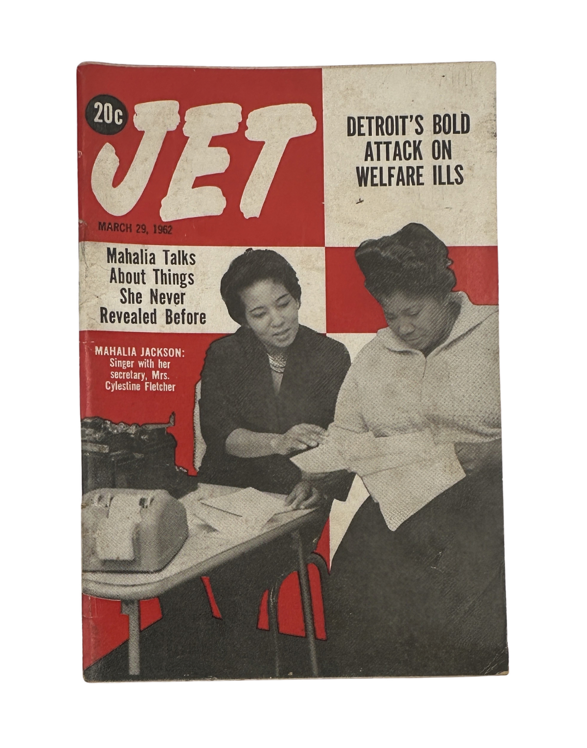 Jet Magazine March 29, 1962 featuring Mahalia Jackson on the cover, discussing Detroit's bold attack on welfare issues. The cover includes an image of Mahalia Jackson with her secretary, highlighting topics about social concerns.