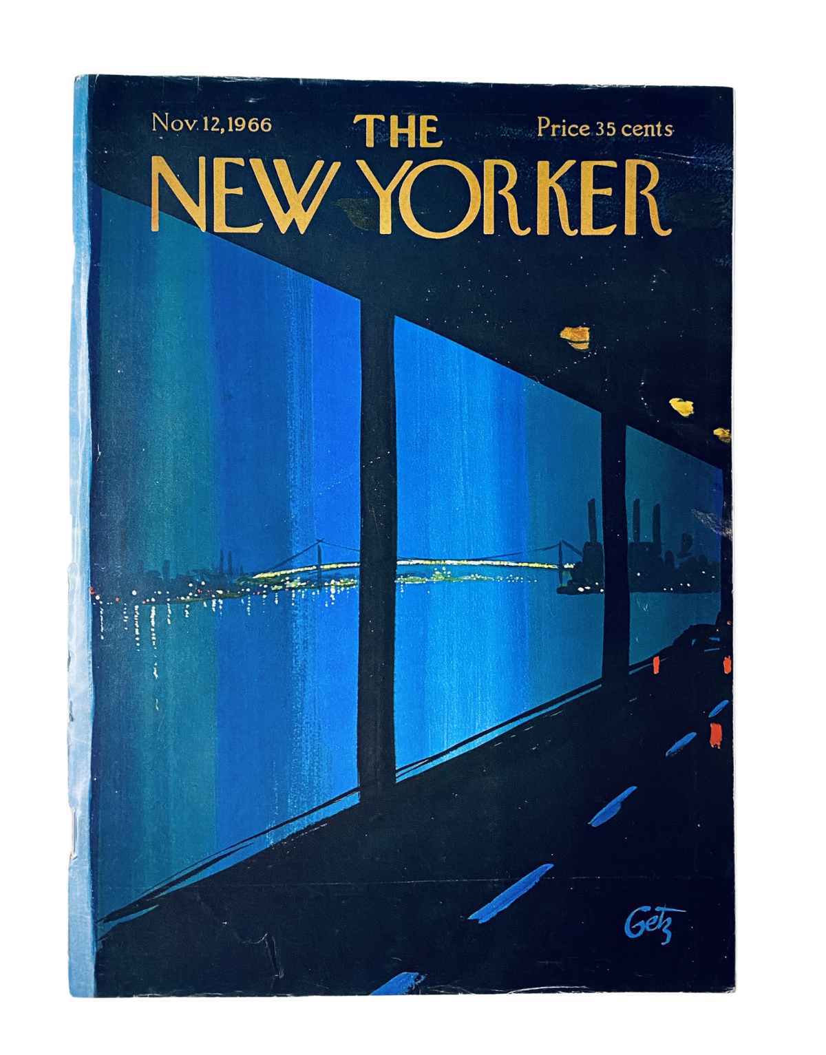 The New Yorker Magazine November 12, 1966 Night Bridge Cityscape Cover A. Getz featuring a dark blue evening skyline with reflections on water, showcasing a bridge and city lights.