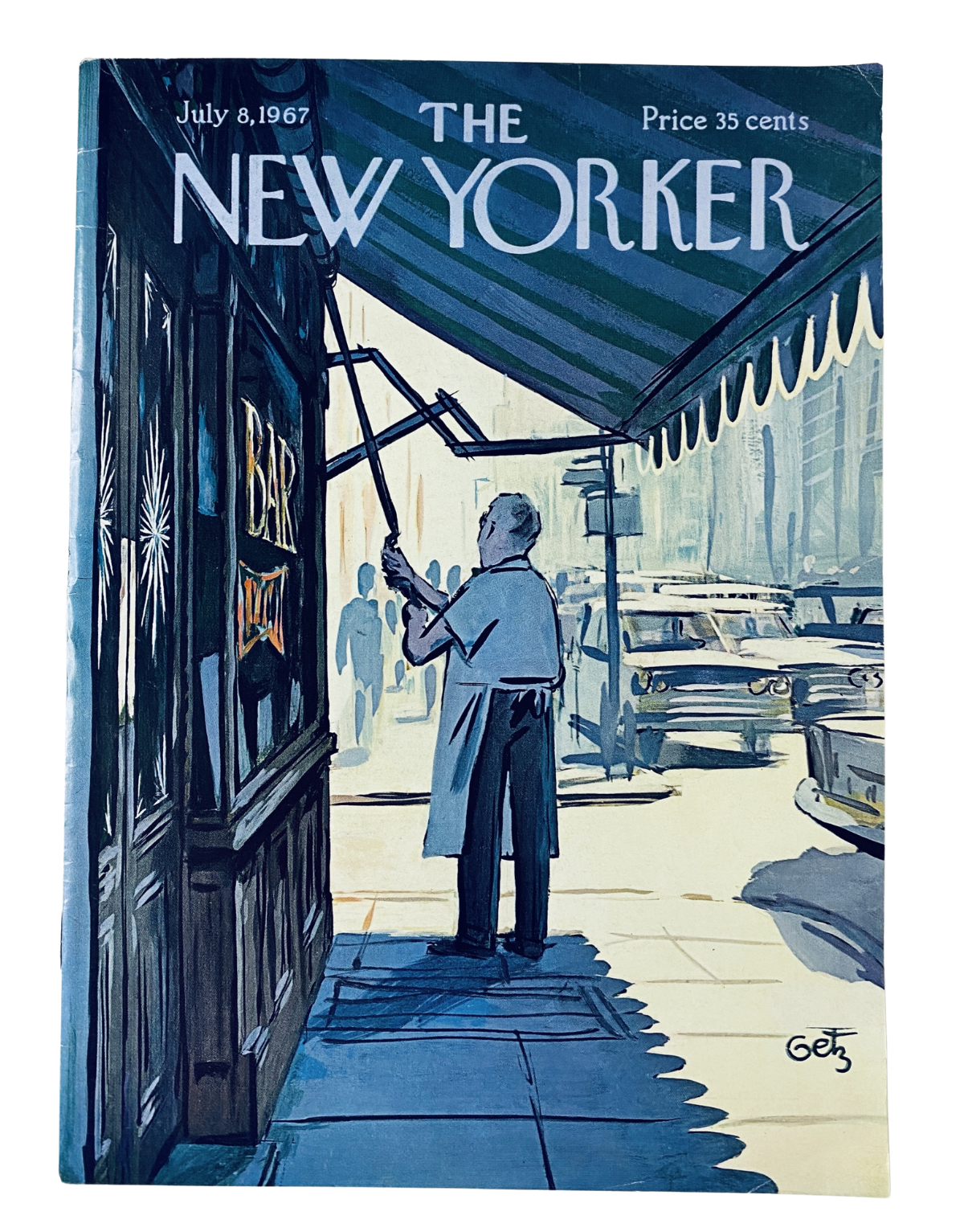 The New Yorker Magazine July 8, 1967 cover illustration by Arthur Getz featuring a man preparing a bar awning on a bustling city street. Vintage artwork highlighting urban life, priced at 35 cents.