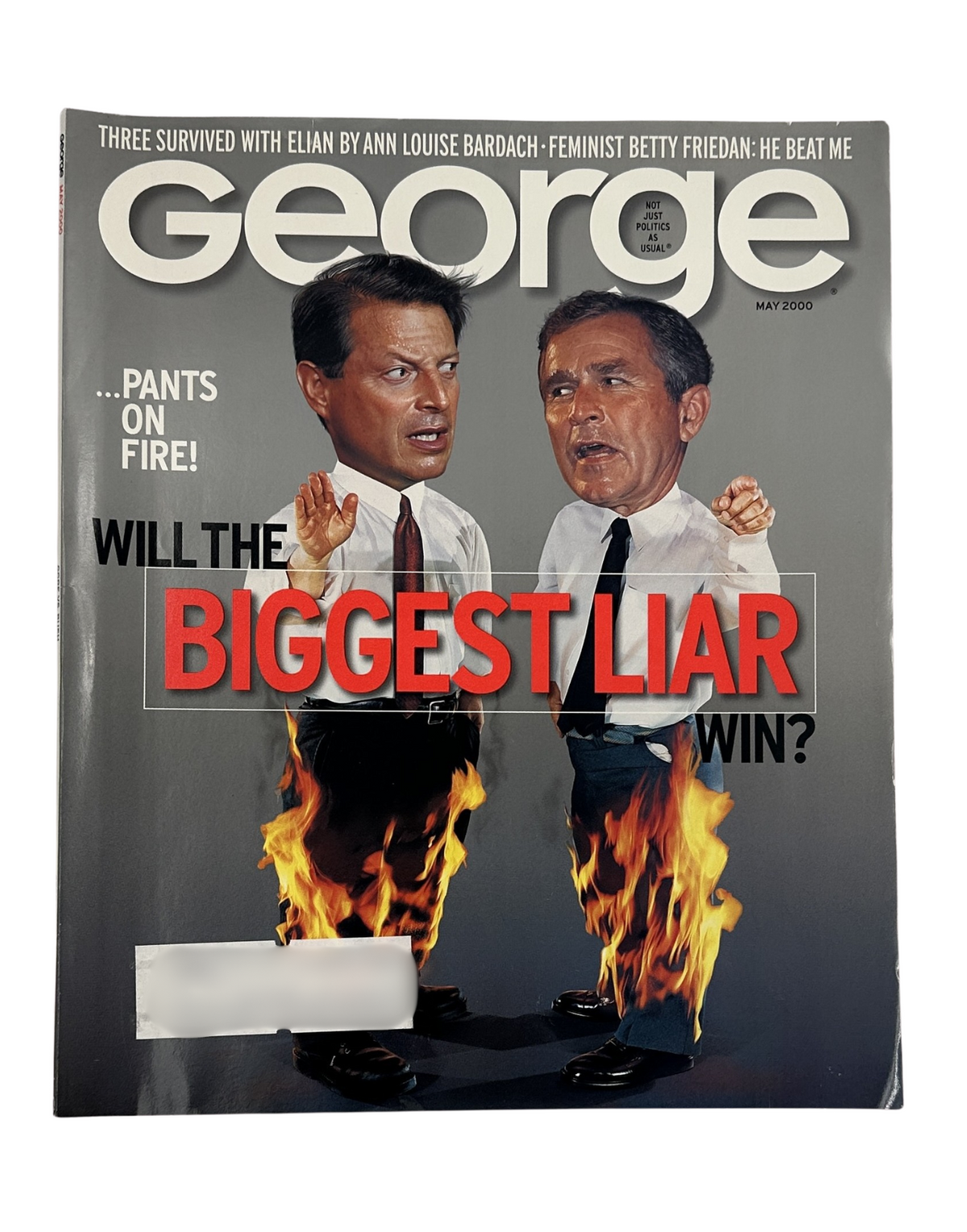 George Magazine May 2000 cover featuring Al Gore and George W. Bush portrayed with exaggerated features, with the tagline 'Will the Biggest Liar Win?' highlighting the political tension of the election.