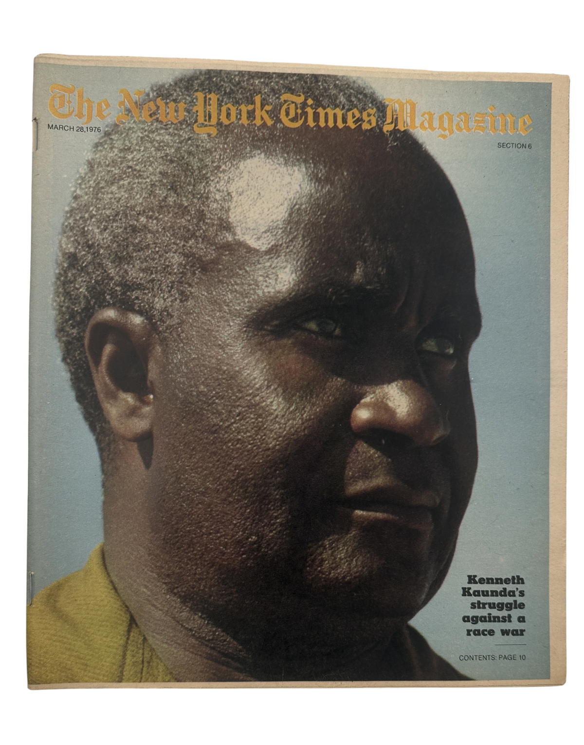 Cover of The New York Times Magazine from March 28, 1976 featuring Kenneth Kaunda, President of Zambia, highlighting his struggle against a race war.