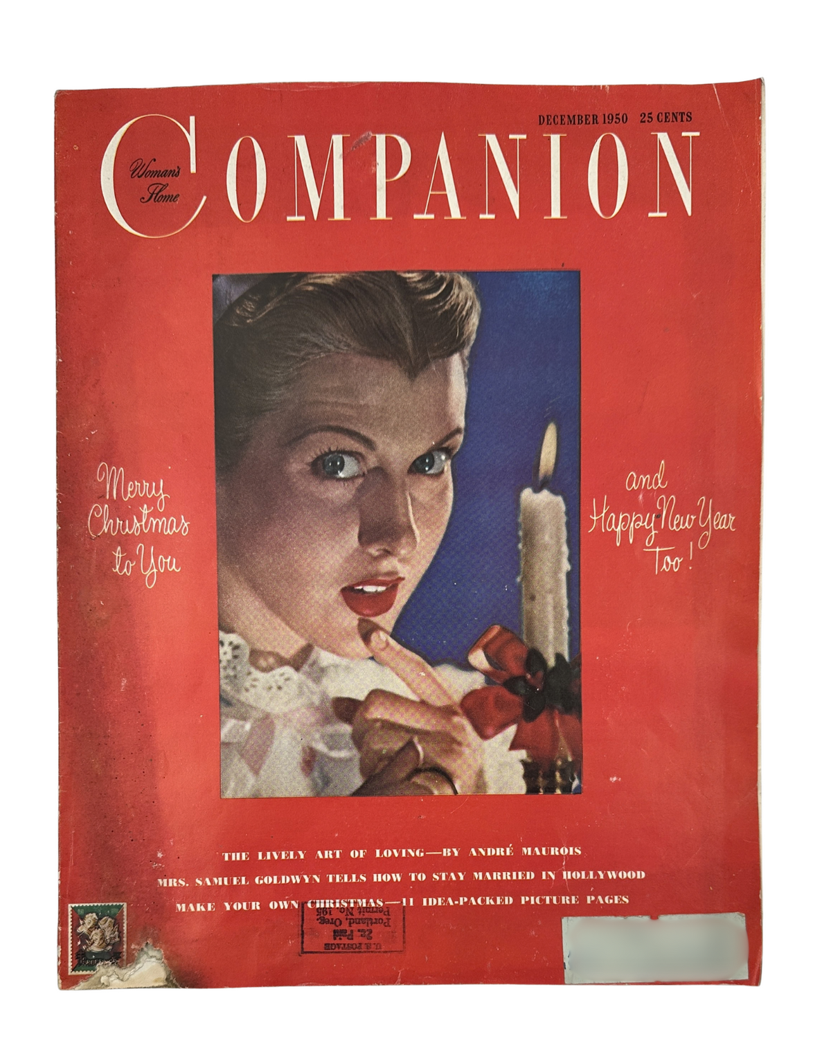 Woman’s Home Companion Magazine December 1950 Christmas Cover featuring a vintage illustration of a woman with a Christmas theme, highlighting the holiday issue.