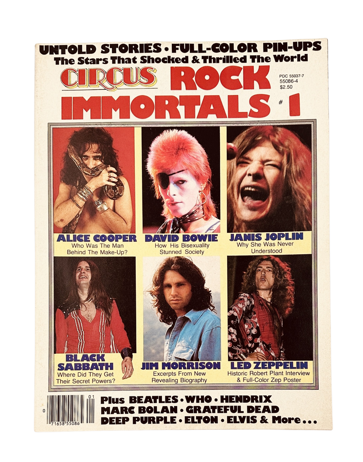 Cover of Circus Magazine from 1980, featuring Led Zeppelin, David Bowie, Janis Joplin, Jim Morrison, Alice Cooper, Black Sabbath, and Marc Bolan. This issue highlights rock immortals and iconic musicians.