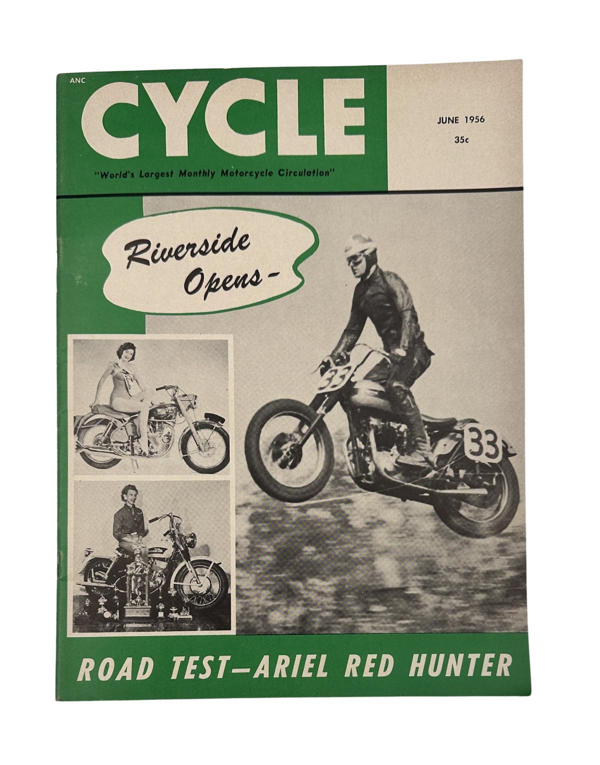Cycle Magazine June 1956 cover featuring Ariel Red Hunter Road Test and Riverside TT Races, showcasing motorcycle action and vintage design.