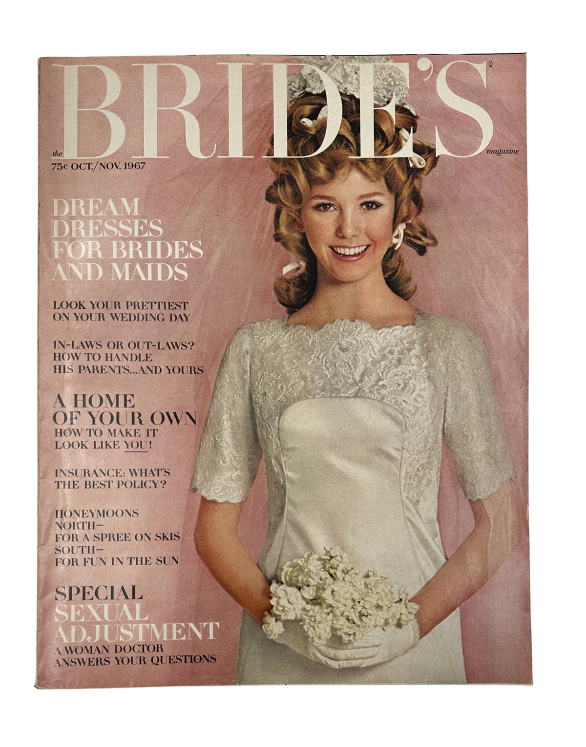 Bride's Magazine October/November 1967 cover featuring a smiling bride wearing a vintage wedding gown with floral bouquet, highlighting dream dresses for brides and maids.