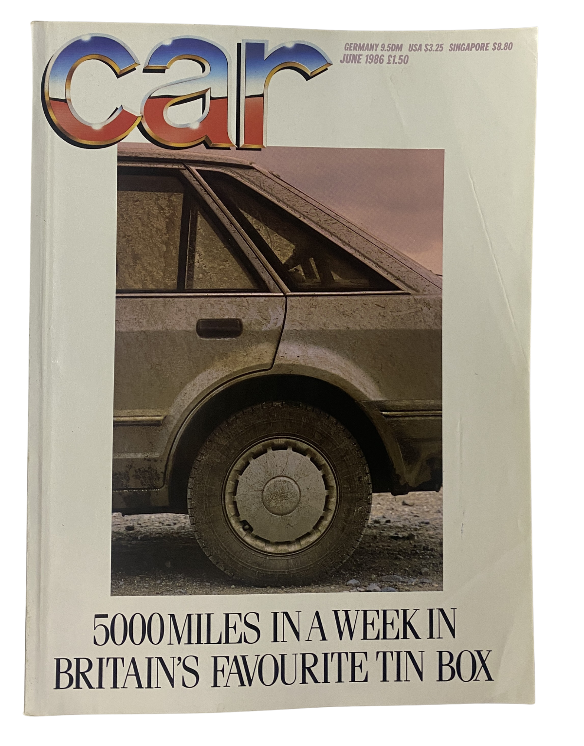Cover of CAR Magazine June 1986 featuring a Ford Escort with the headline '5000 Miles in a Week in Britain's Favourite Tin Box'.