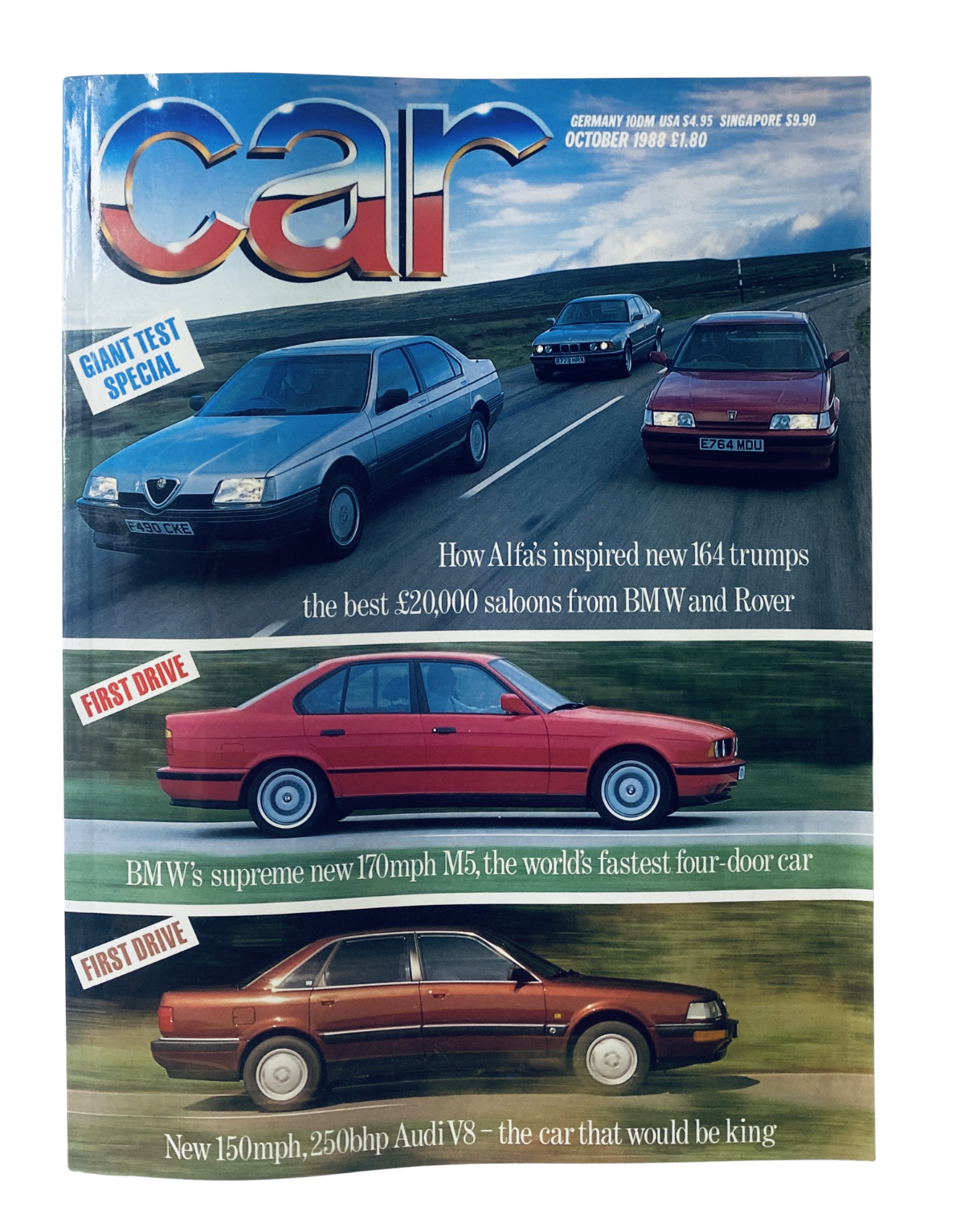 Car Magazine cover from October 1988 featuring the Alfa 164, BMW M5, and Audi V8 with the title 'Giant Test'. Emphasizes first drives and comparison of top performance saloons.
