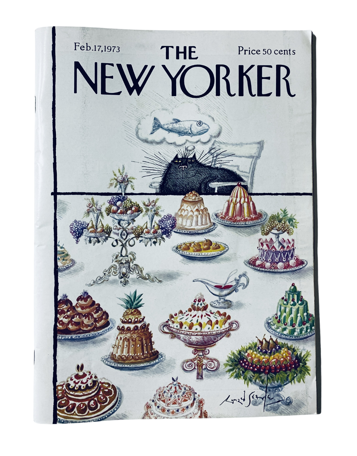 The New Yorker Magazine February 17, 1973 cover featuring whimsical dessert table illustrated by Ronald Searle, showcasing an array of ornate desserts including cakes and pastries.