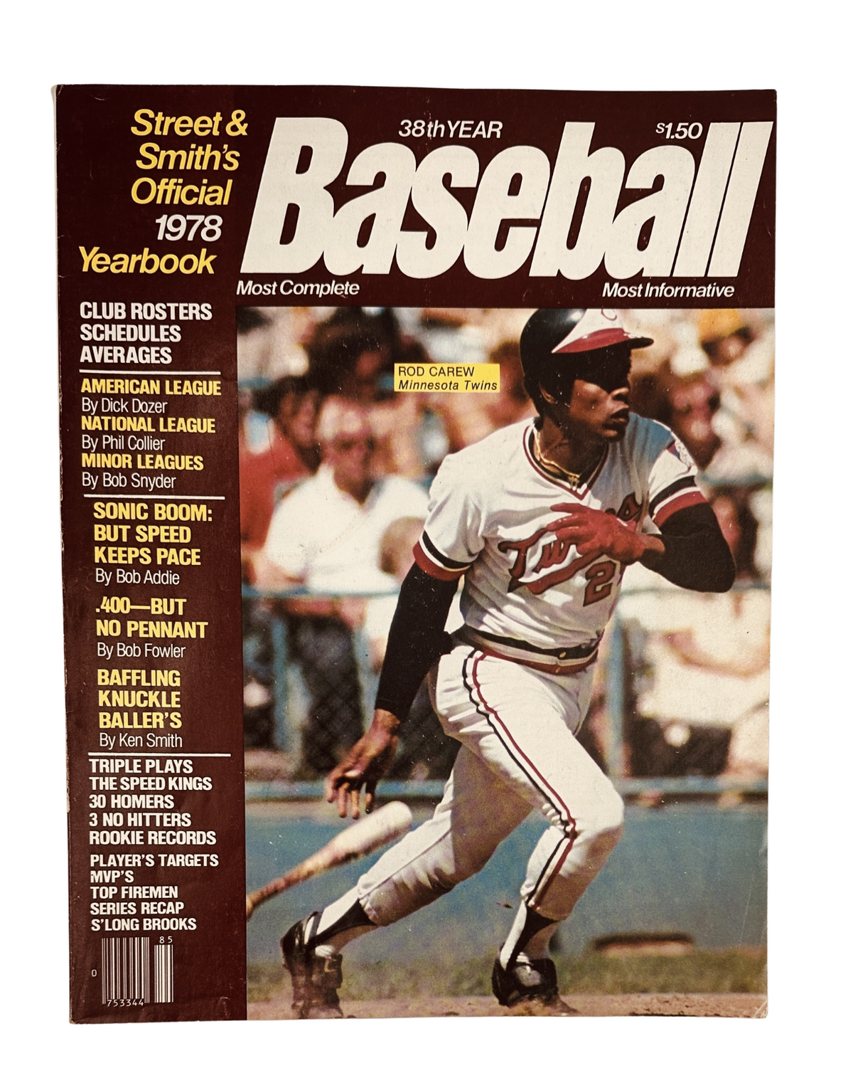 Cover of Street and Smith's Baseball Magazine 1978 Yearbook featuring Rod Carew of the Minnesota Twins, showcasing baseball action with a price tag of $1.50.