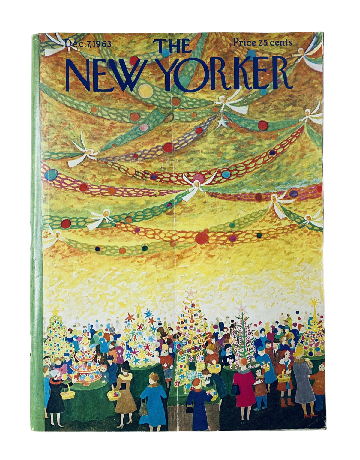 The New Yorker Magazine December 7, 1963 cover featuring a vibrant Christmas market scene with people celebrating and colorful decorations.