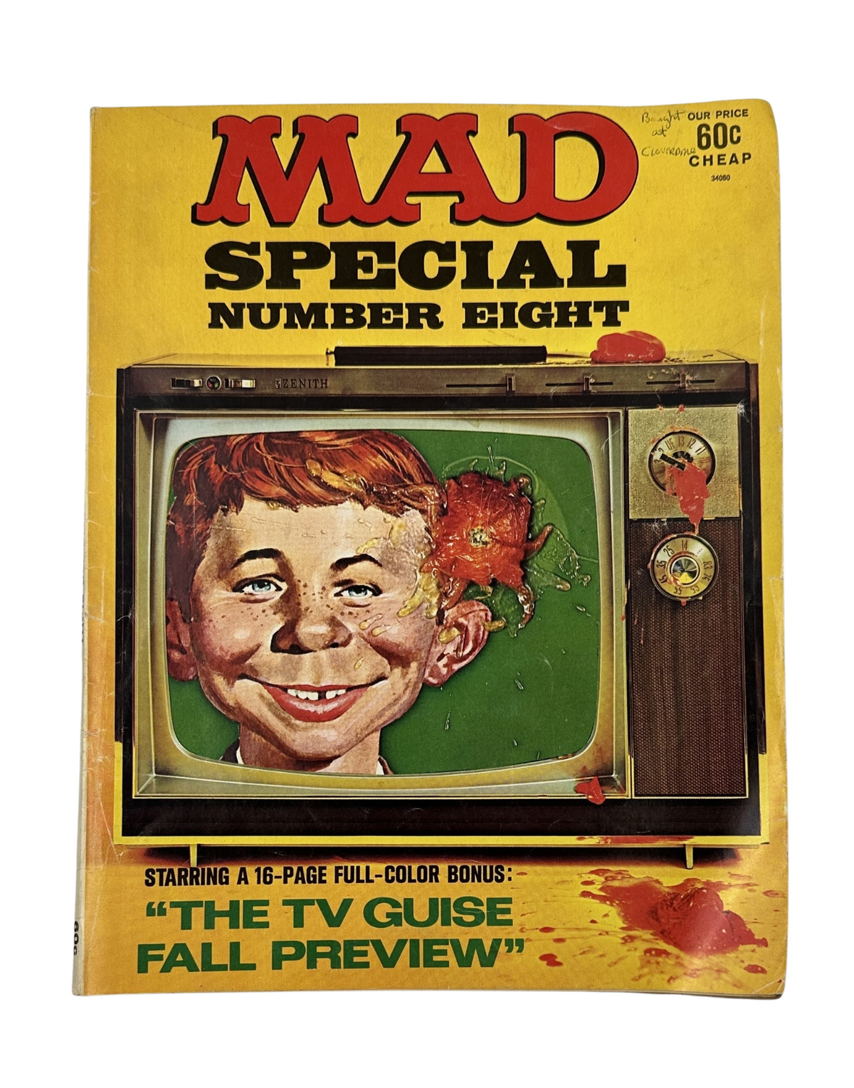 Cover of MAD Magazine Super Special No. 8 from 1972 featuring a vibrant illustration of a boy with a television, highlighting the 'TV Guise Fall Preview' bonus. The magazine is graded Very Good (VG 4.0) and showcases notable signs of age.