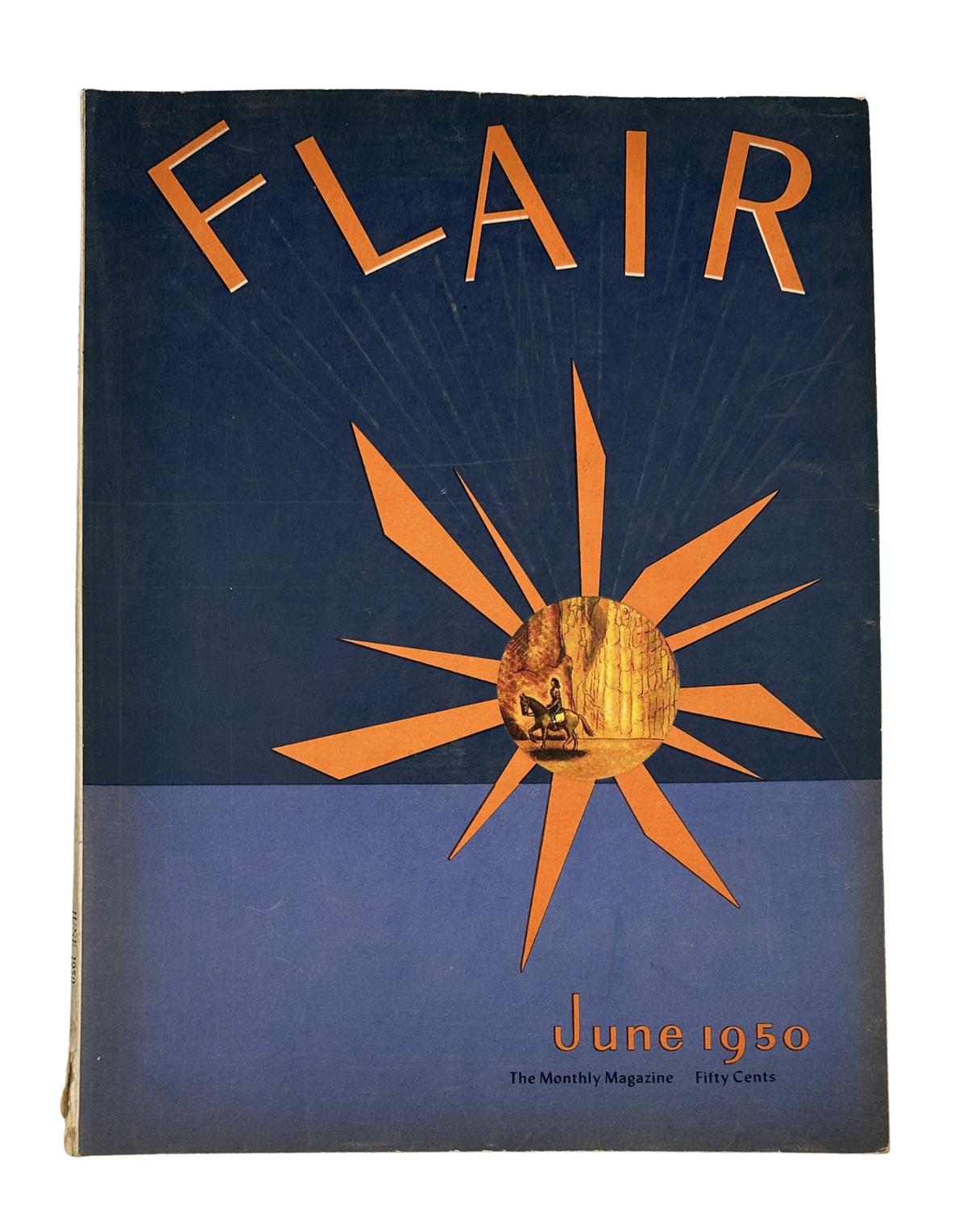 Cover of Flair Magazine June 1950 featuring a bold sun graphic and the title 'FLAIR', showcasing the vintage design style.