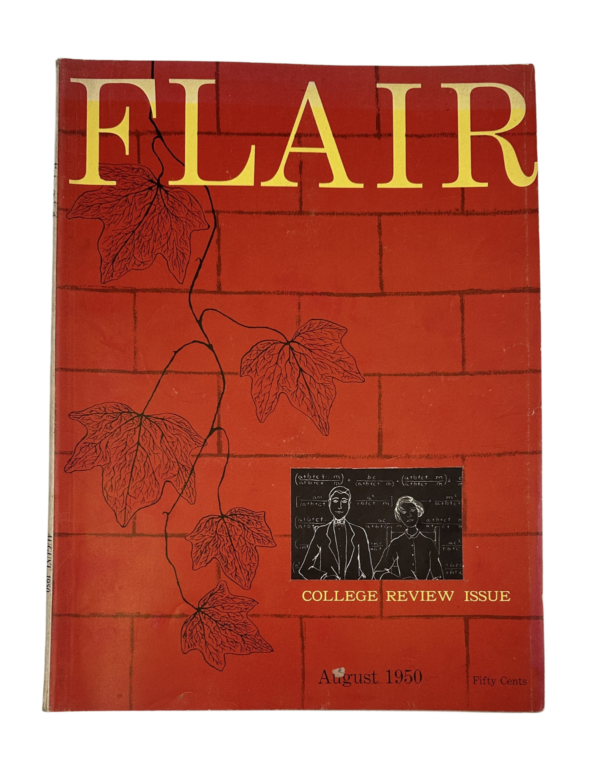 Flair Magazine August 1950 College Review Issue cover featuring vibrant red background and ivy leaves design.