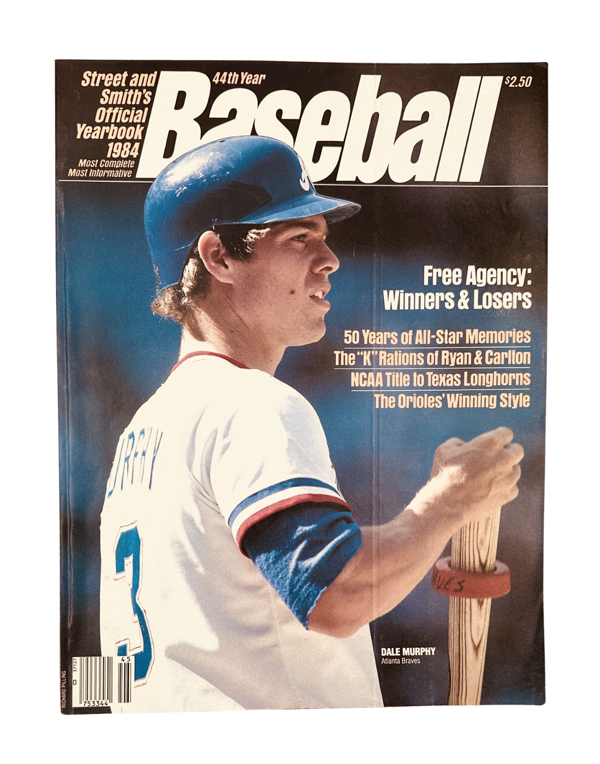 Cover of Street and Smith’s Baseball Magazine 1984 Yearbook featuring Dale Murphy of the Atlanta Braves, highlighting the topic 'Free Agency: Winners & Losers' and showcasing baseball action.