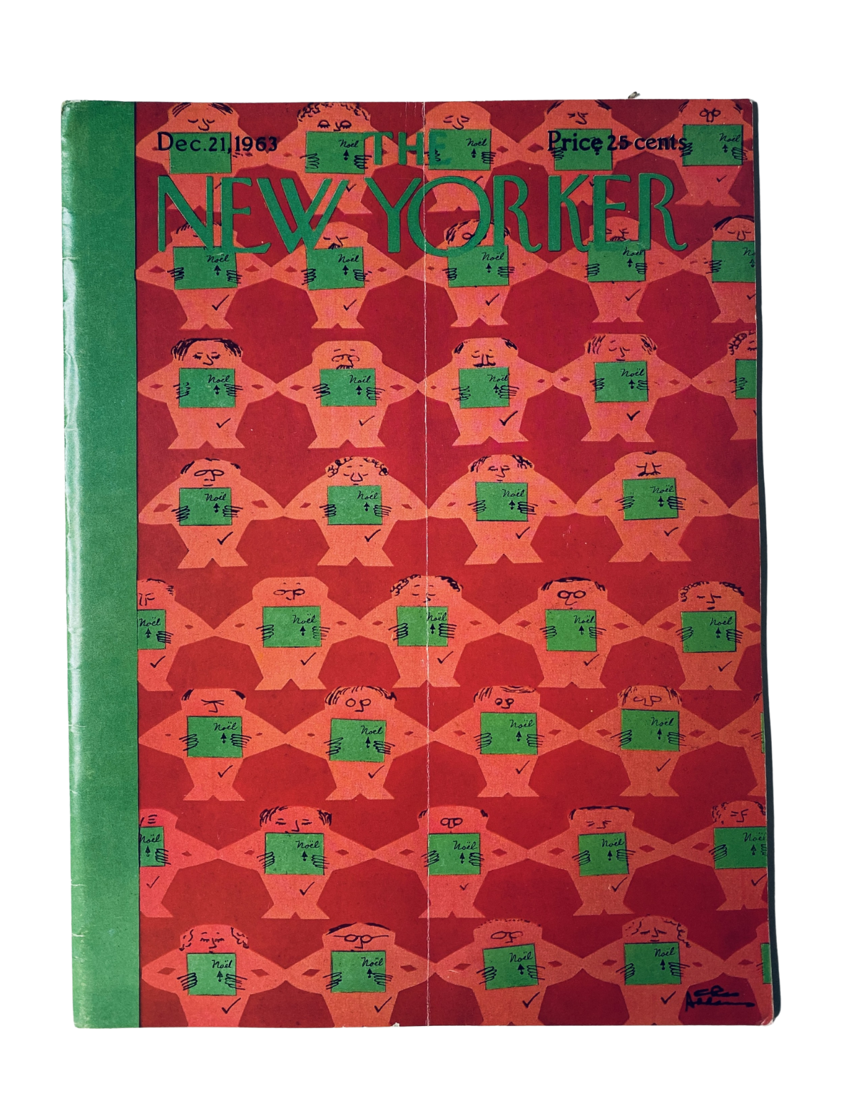 The New Yorker Magazine December 21, 1963 Christmas Pattern Cover by C. Addams, featuring a vibrant red background with whimsical green Christmas-themed illustrations, priced at 25 cents.