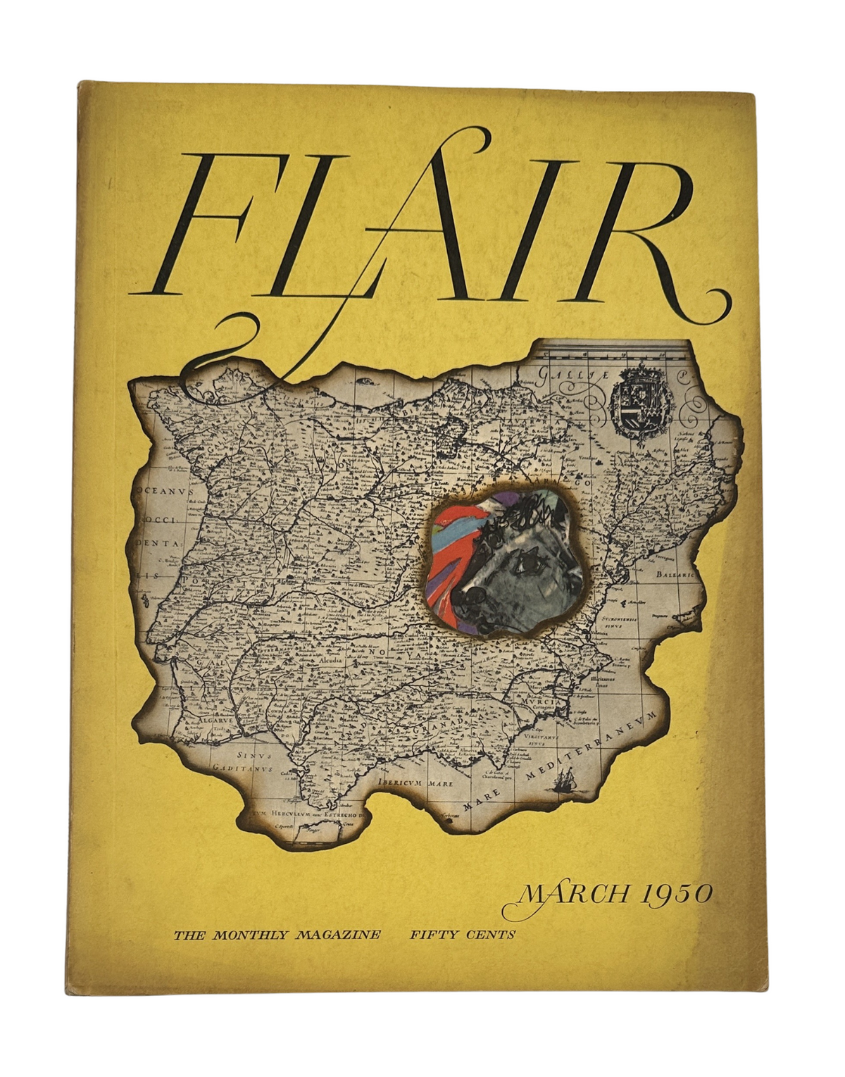 Cover of Flair Magazine, March 1950 edition featuring an artistic map design with a central cut-out. Title: Flair Magazine March 1950 Salvador Dali Gloria Swanson Spain Art.