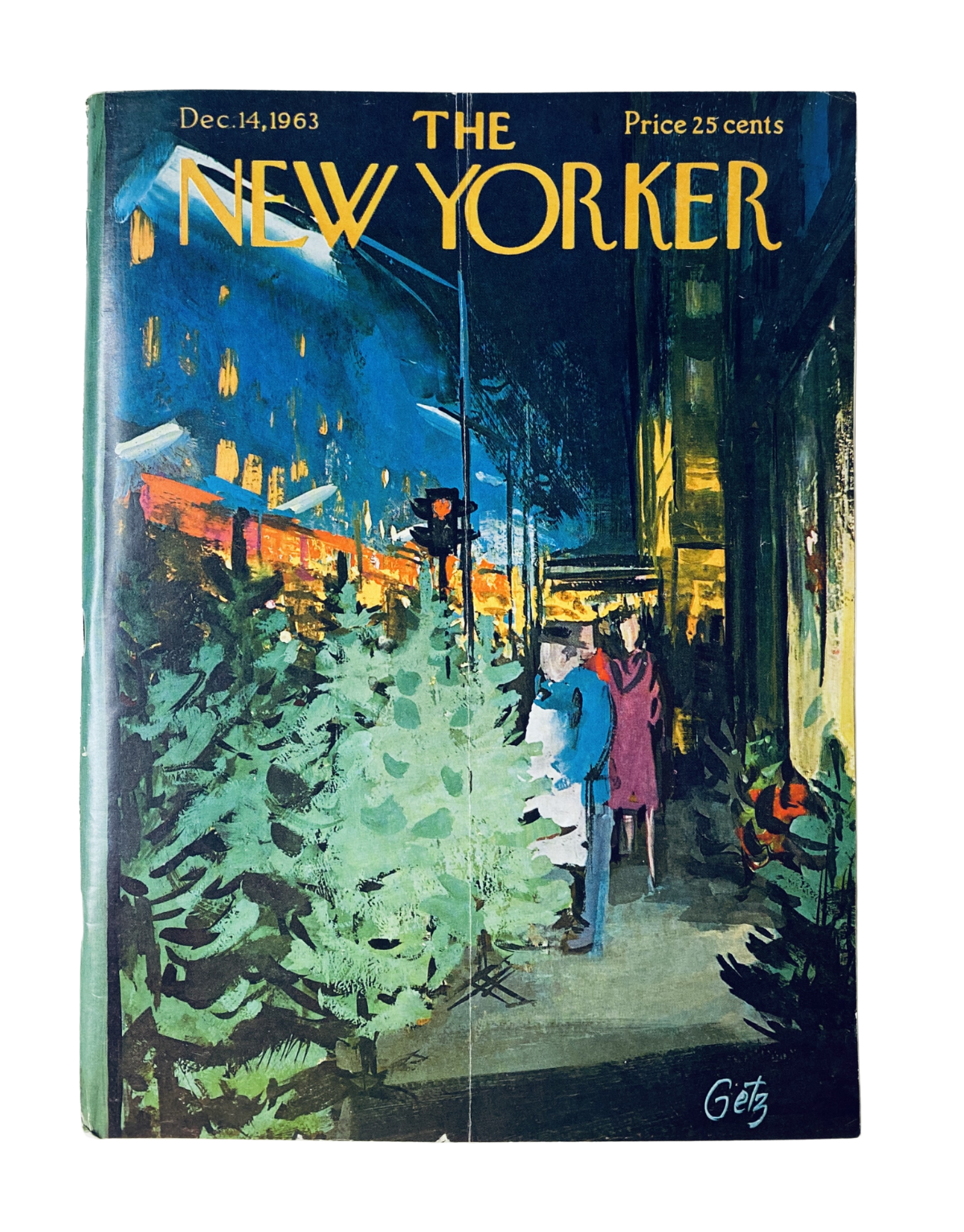 The New Yorker Magazine December 14, 1963 cover featuring a wintery street scene with Christmas trees, painted by Arthur Getz, showcasing holiday lights and people browsing.