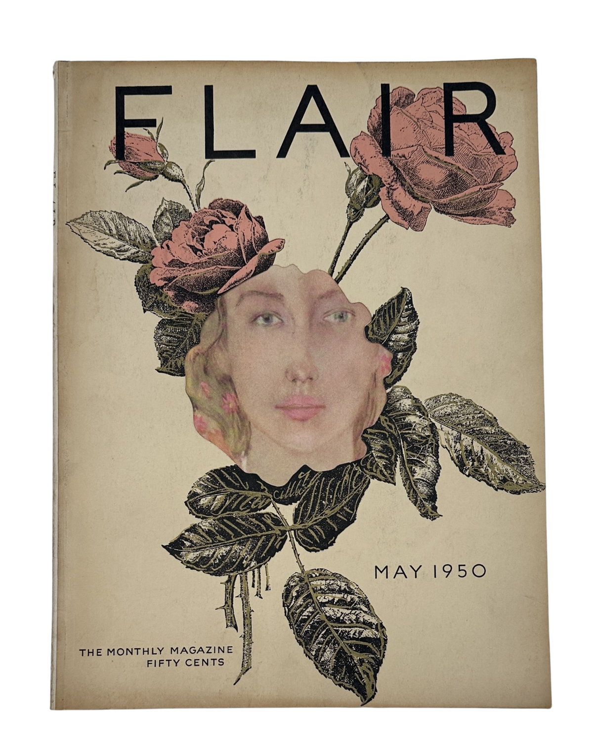 Cover of Flair Magazine May 1950 featuring a floral design with roses and an artistic depiction of a woman's face. Highlights the magazine title and date, reflecting mid-20th century fashion and art.