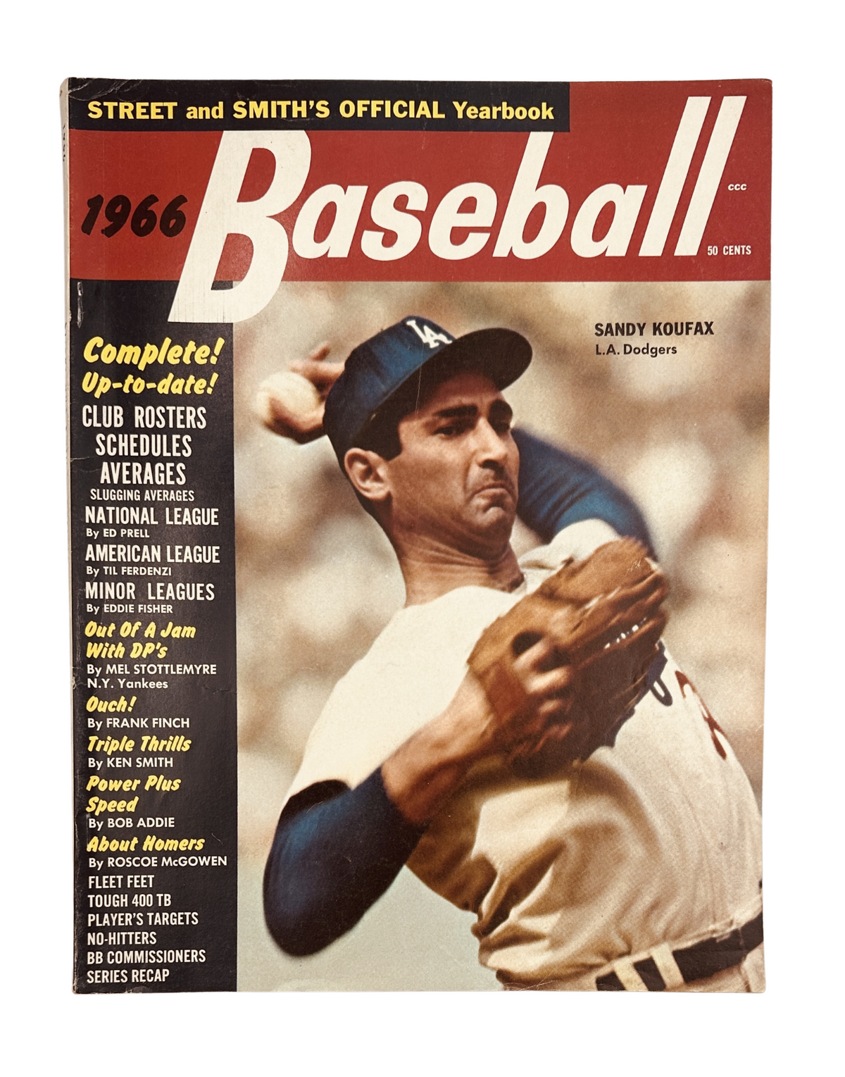 Cover of Street and Smith’s Baseball Magazine 1966 Yearbook featuring Sandy Koufax of the L.A. Dodgers, highlighting baseball topics such as club rosters and no-hitters.