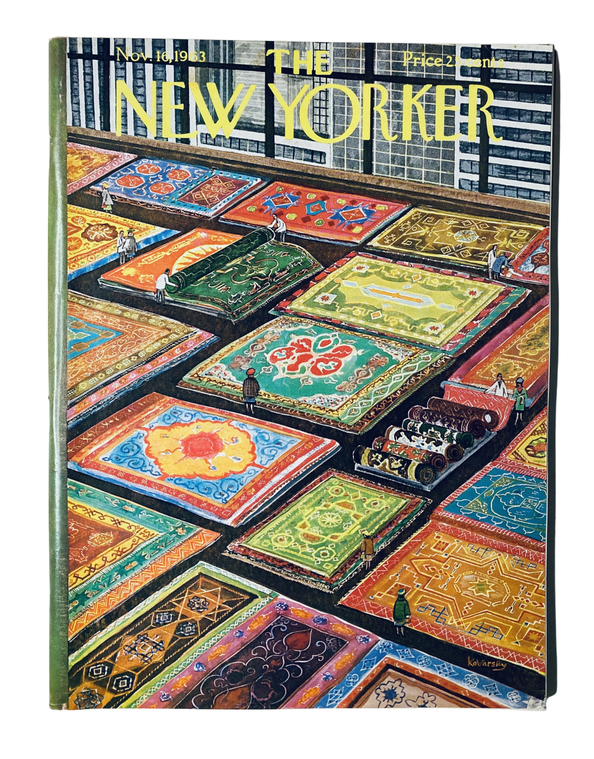 Cover of The New Yorker Magazine for November 16, 1963, featuring a vibrant carpet market illustration by Anatol Kovarsky, showcasing intricate patterns and colors.