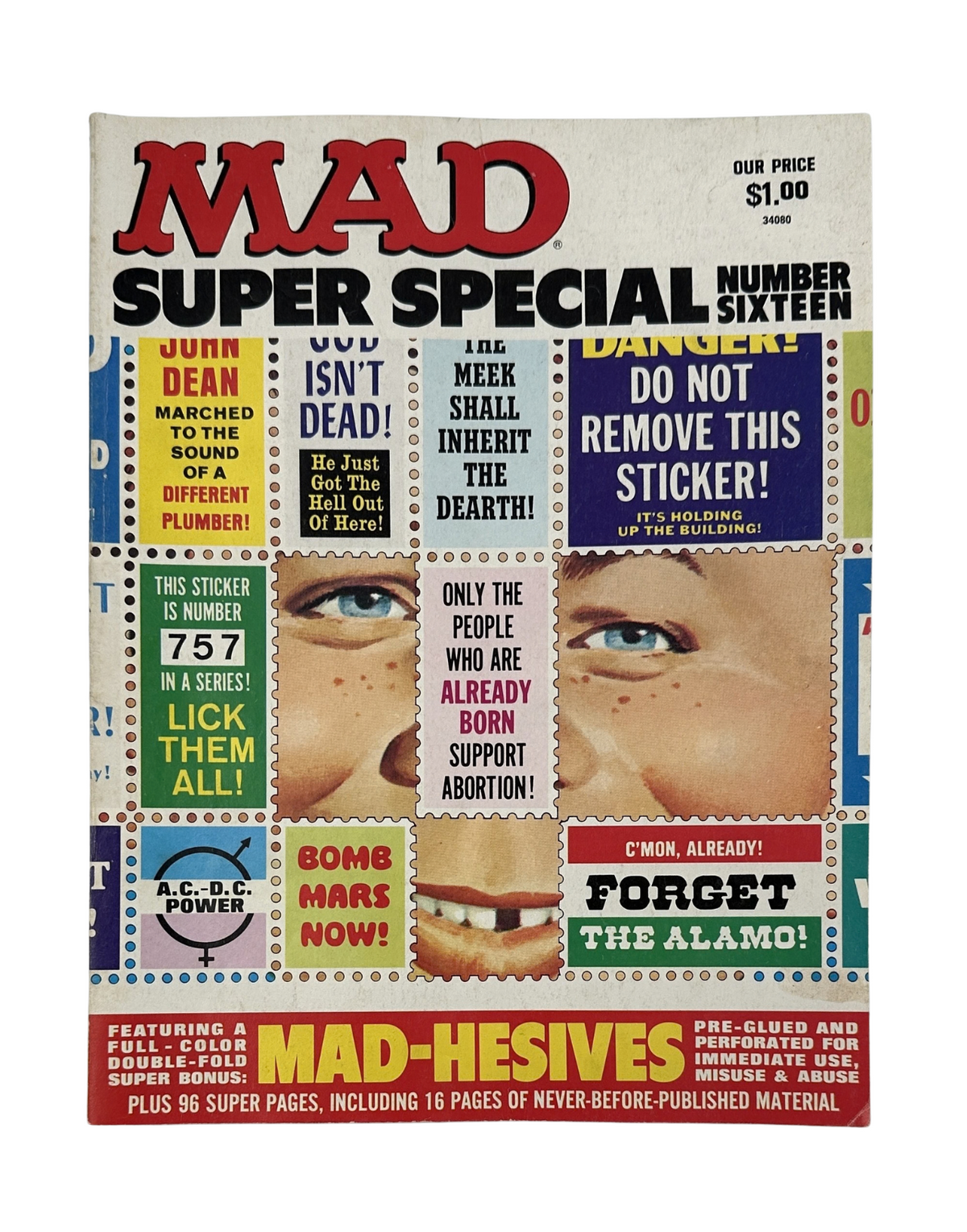 Cover of MAD Magazine Super Special No. 16 from 1975 featuring humorous advertisements and cartoon characters, showcasing a vibrant design with text emphasizing various articles and a price of $1.00.