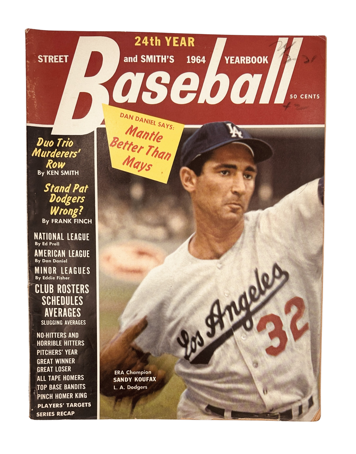 Cover of Street and Smith’s Baseball Magazine 1964 Yearbook featuring Sandy Koufax of the L.A. Dodgers, highlighting articles such as 'Duo Trio Murderers’ Row' and 'Stan Pat Dodgers Wrong?' in very good condition.