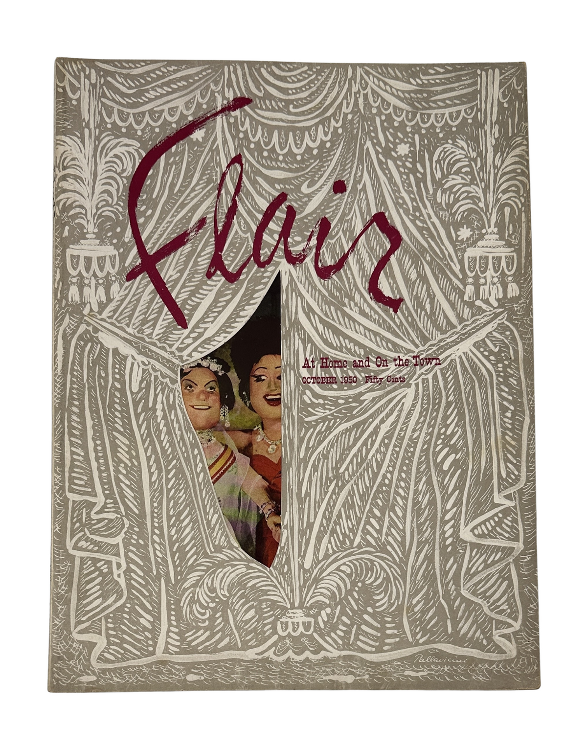 Cover of Flair Magazine, October 1950 featuring Eleanor Roosevelt and Perle Mesta, designed with artistic illustrations and a unique cut-out.