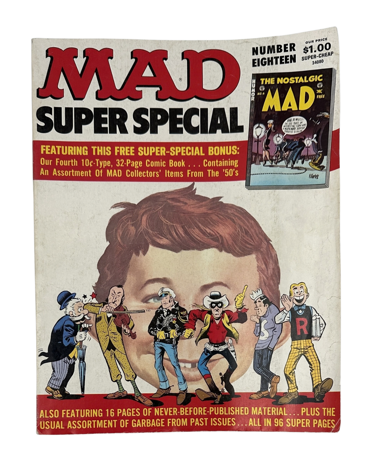 Cover of MAD Magazine No. 18 from 1975, featuring a nostalgic design and characters, highlighting 'Super Special' and showcasing a $1 comic book offer.