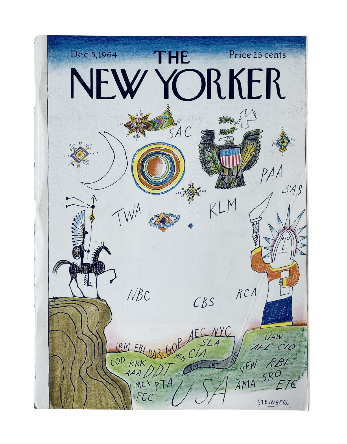The New Yorker Magazine December 5, 1964 cover by S. Steinberg featuring whimsical airline symbols such as TWA, KLM, and PAA, depicting a creative illustration with cultural motifs.