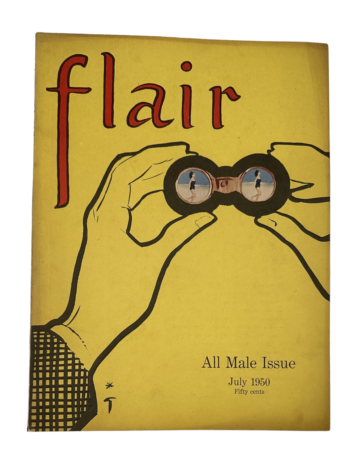 Cover of Flair Magazine July 1950 All Male Issue featuring vibrant yellow background and illustrations of hands holding binoculars with a glimpse of male figures inside.